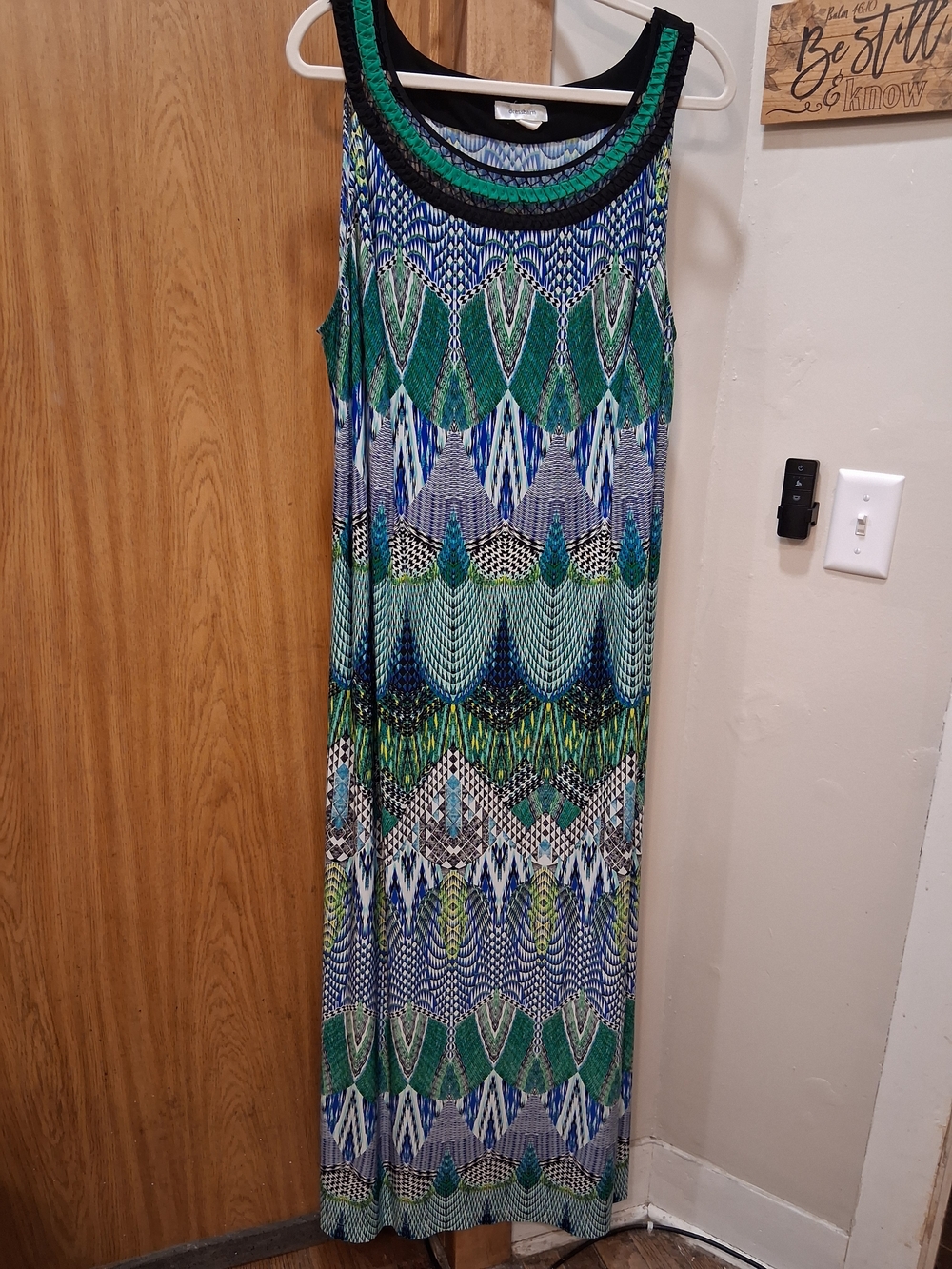 dressbarn Sleeveless Geometric Print Maxi Dress in Blue and Green